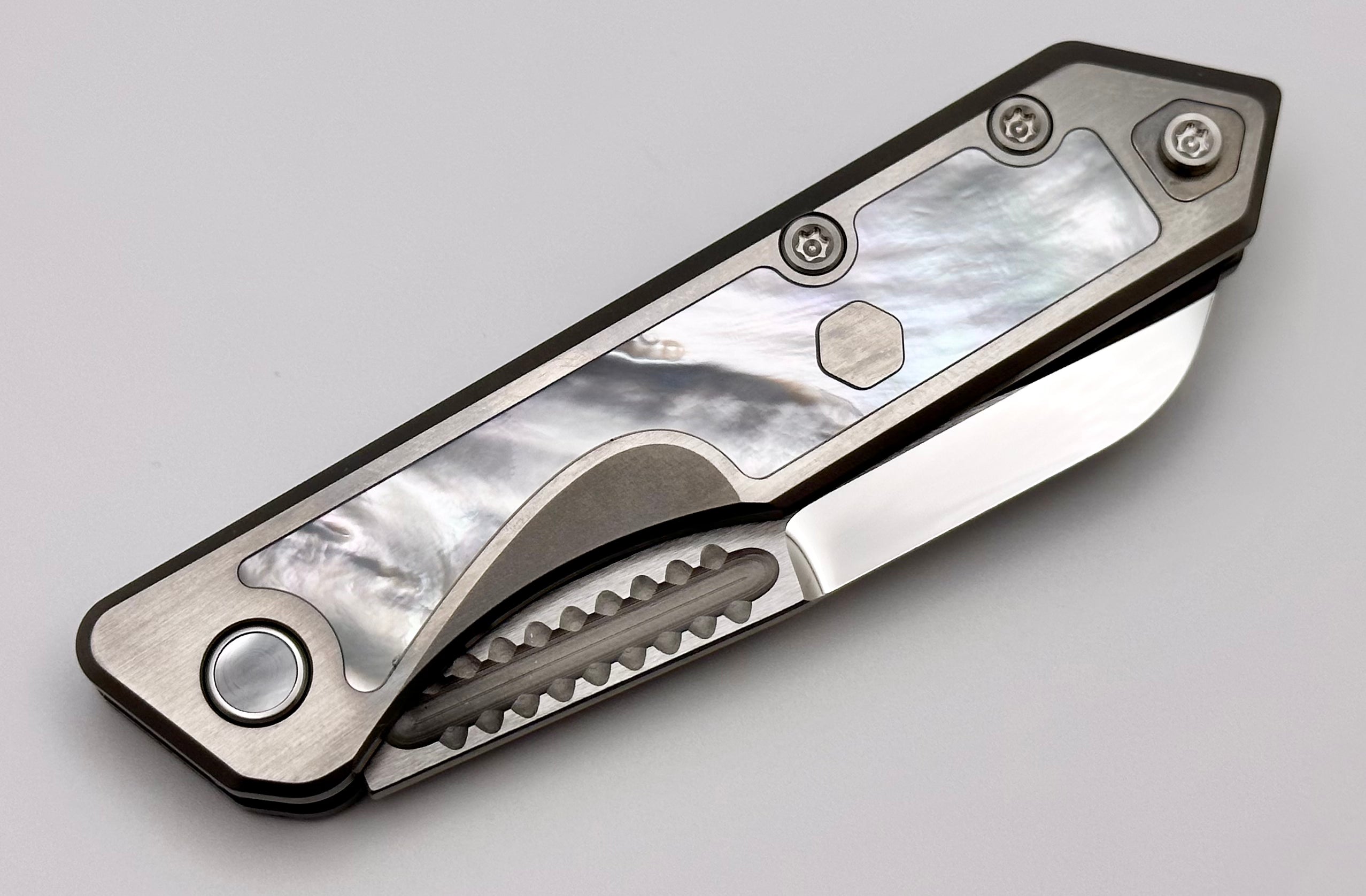 Heretic Knives Jinn Custom Titanium Folding Knife - Premium Mother of Pearl Inlay & Mirror Polished Elmax Blade