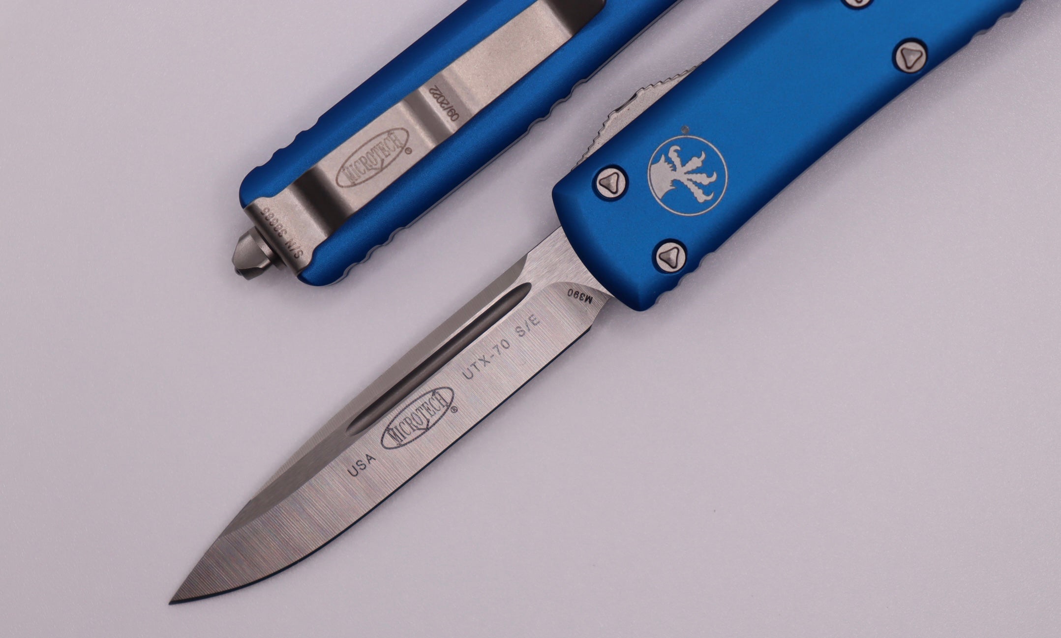 Microtech UTX-70 Compact Tactical Knife - Satin Finish & Blue Handle