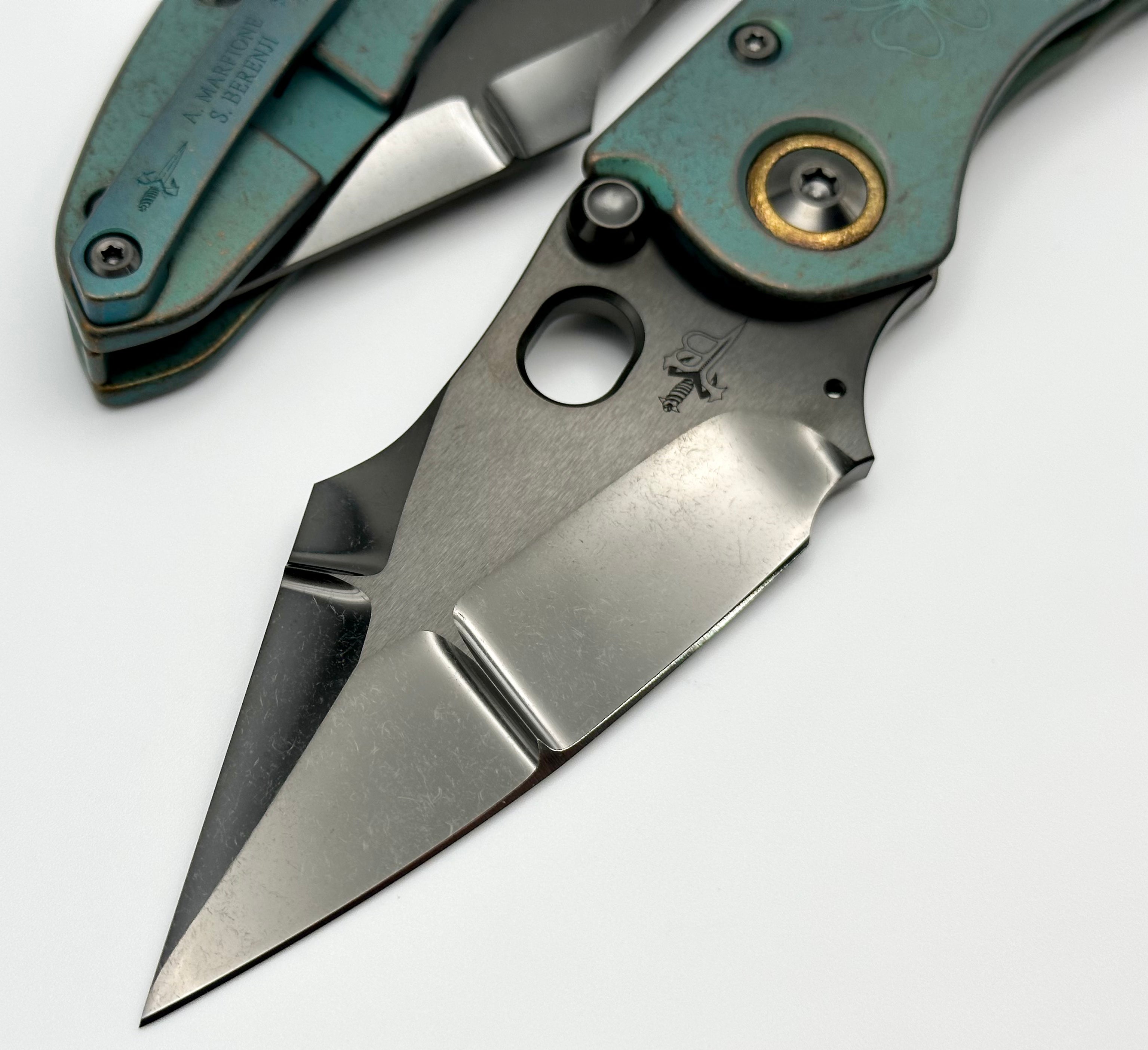 Premium Marfione Custom Knives & Borka Blades Antique Green Lucky Stitch Trit Inlaid with DLC Cracked Diamond Wash Double Star Grind M390 & Engraved Titanium