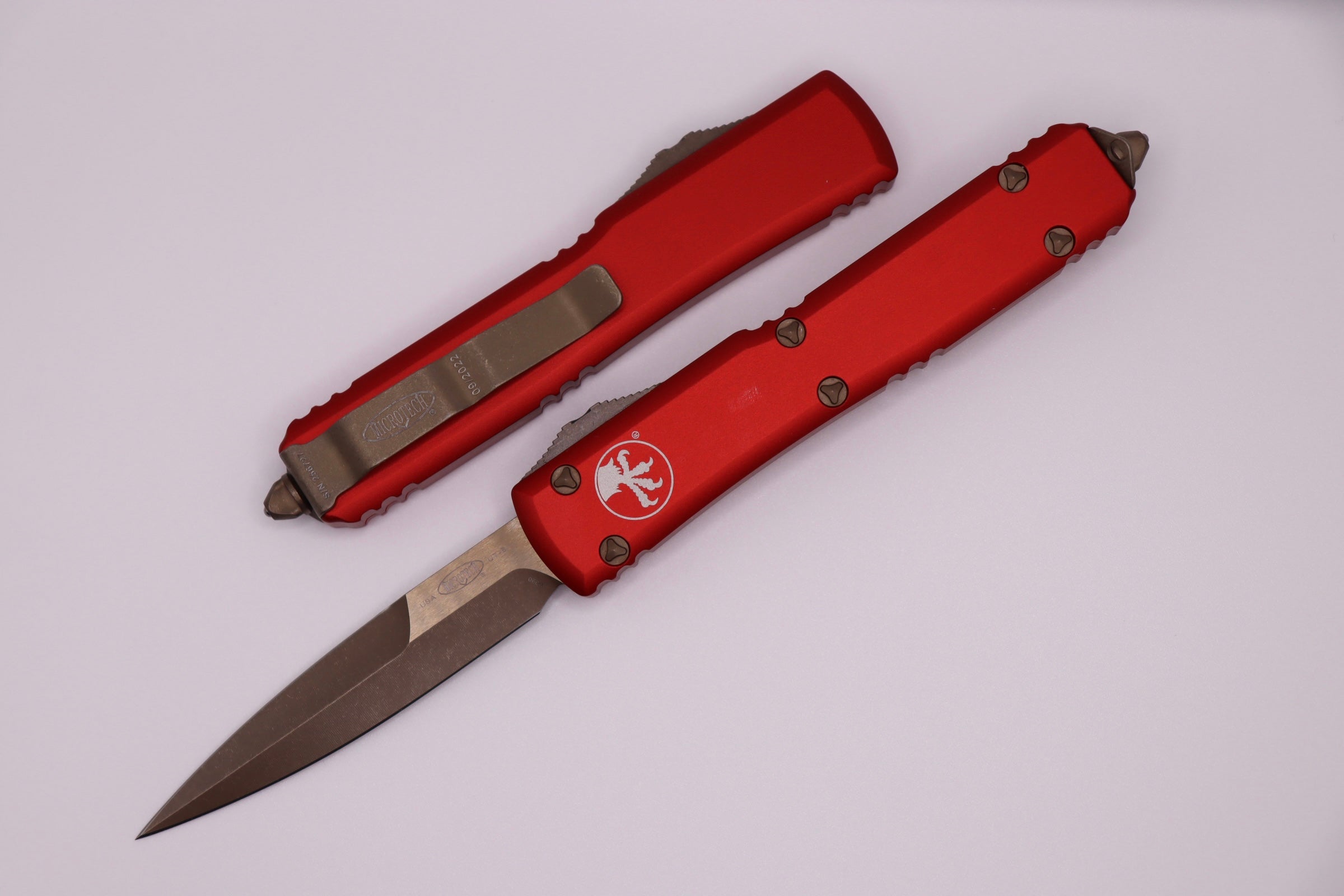 Premium Microtech Ultratech Bronze Apocalyptic OTF Knife with Red Accents