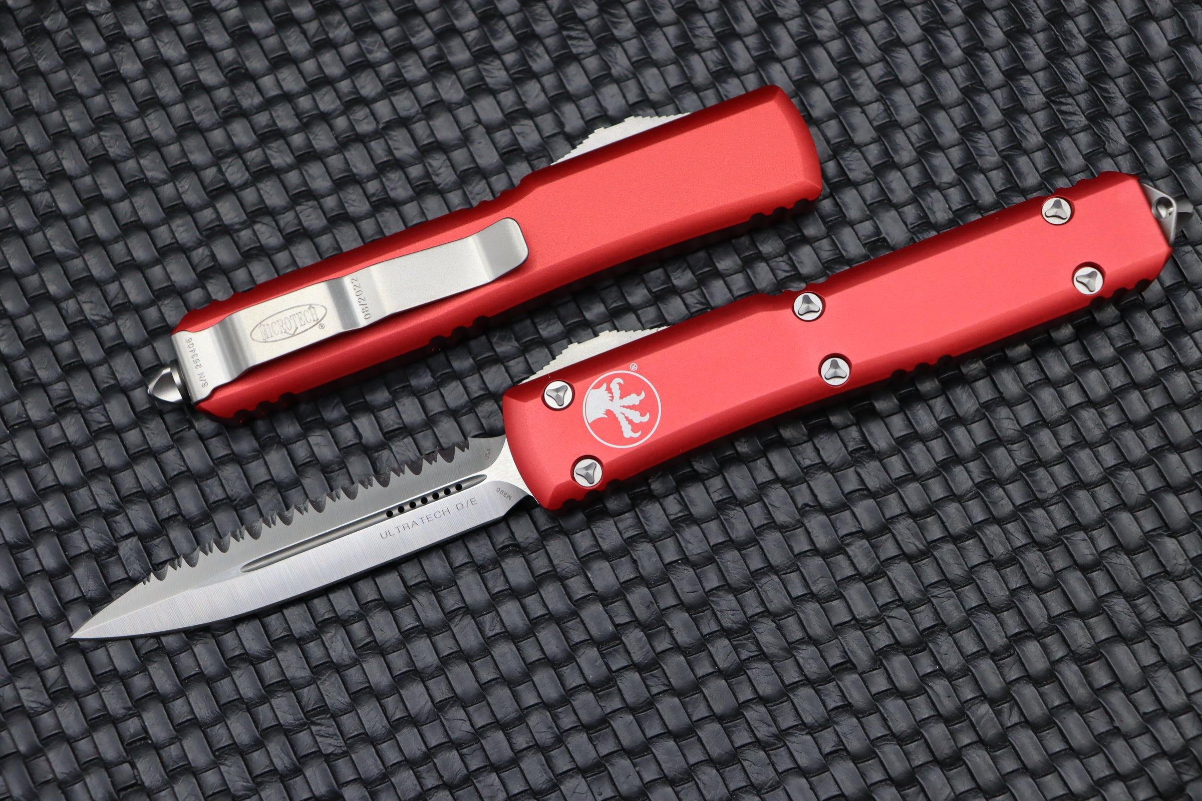 Microtech Ultratech Premium OTF Knife - Double Edge Satin Full Serrated with Red Handle