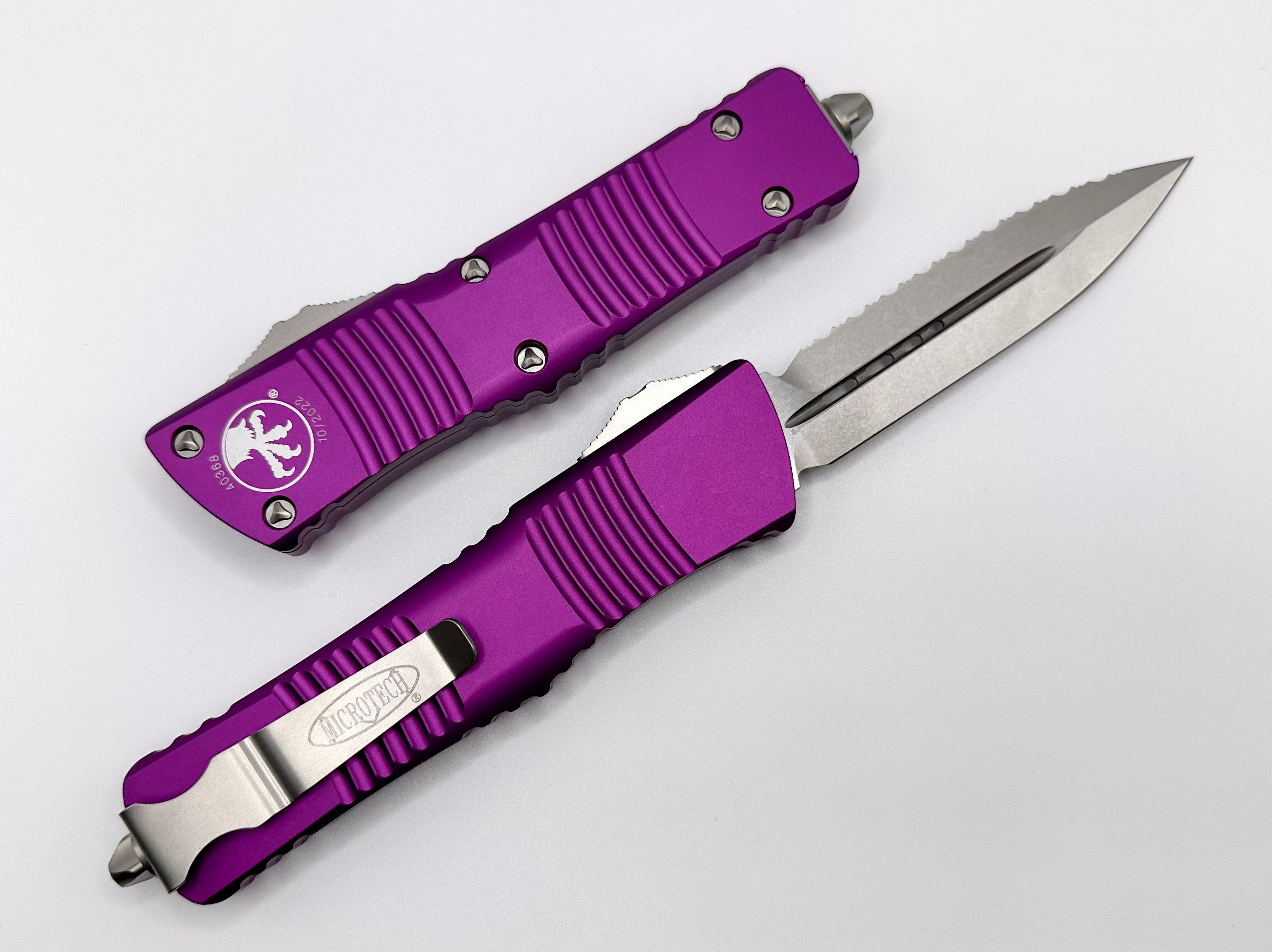 Microtech Combat Troodon Premium Tactical Knife - Violet Double Edge Stonewash Full Serrated